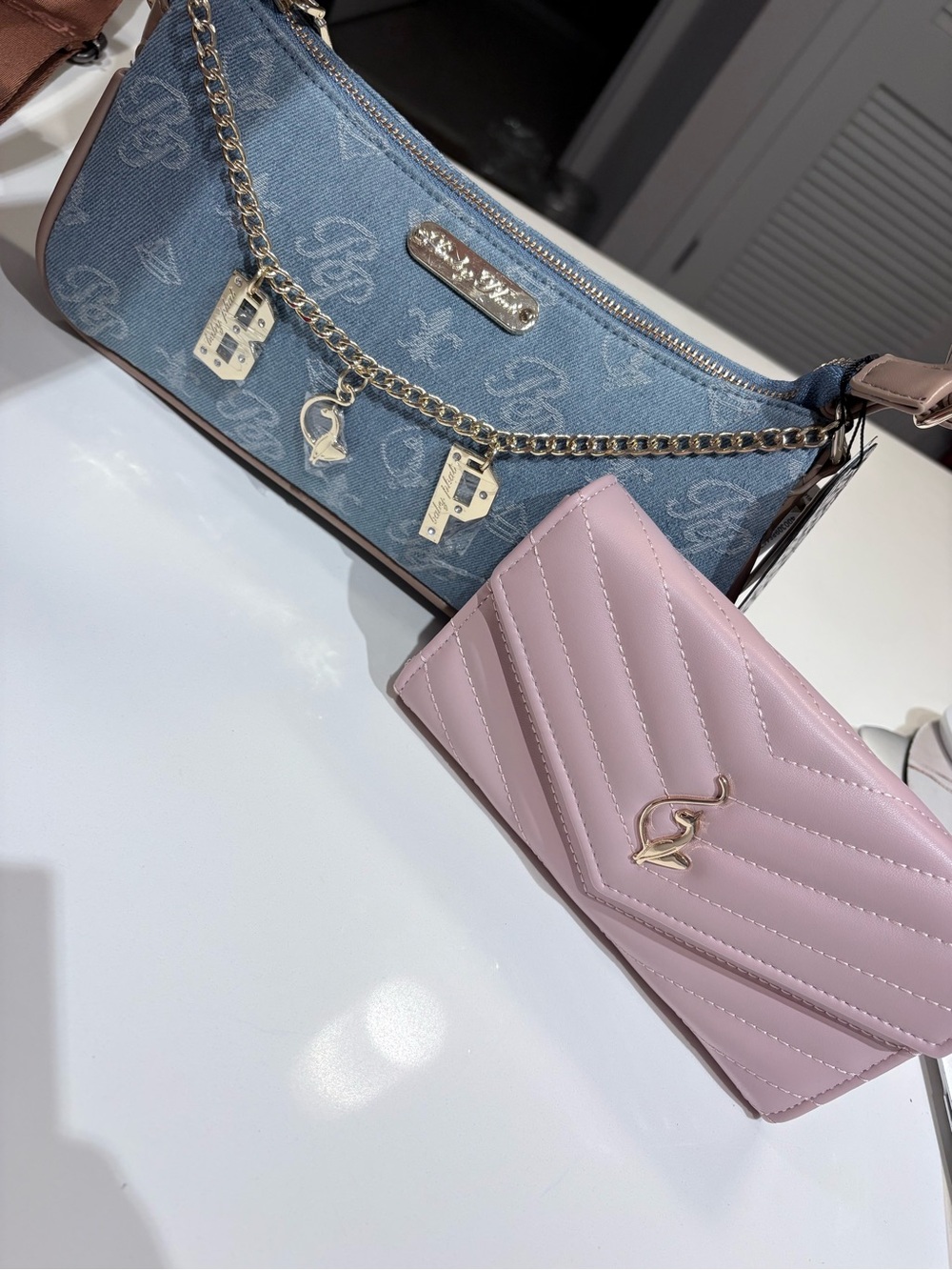 Baby Phat Pink Quilted Wallet with Blue Logo Denim Chain Shoulder Bag